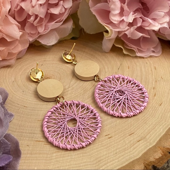 Boho Wood Woven Pink Dream Catcher Earrings - Picture 12 of 14